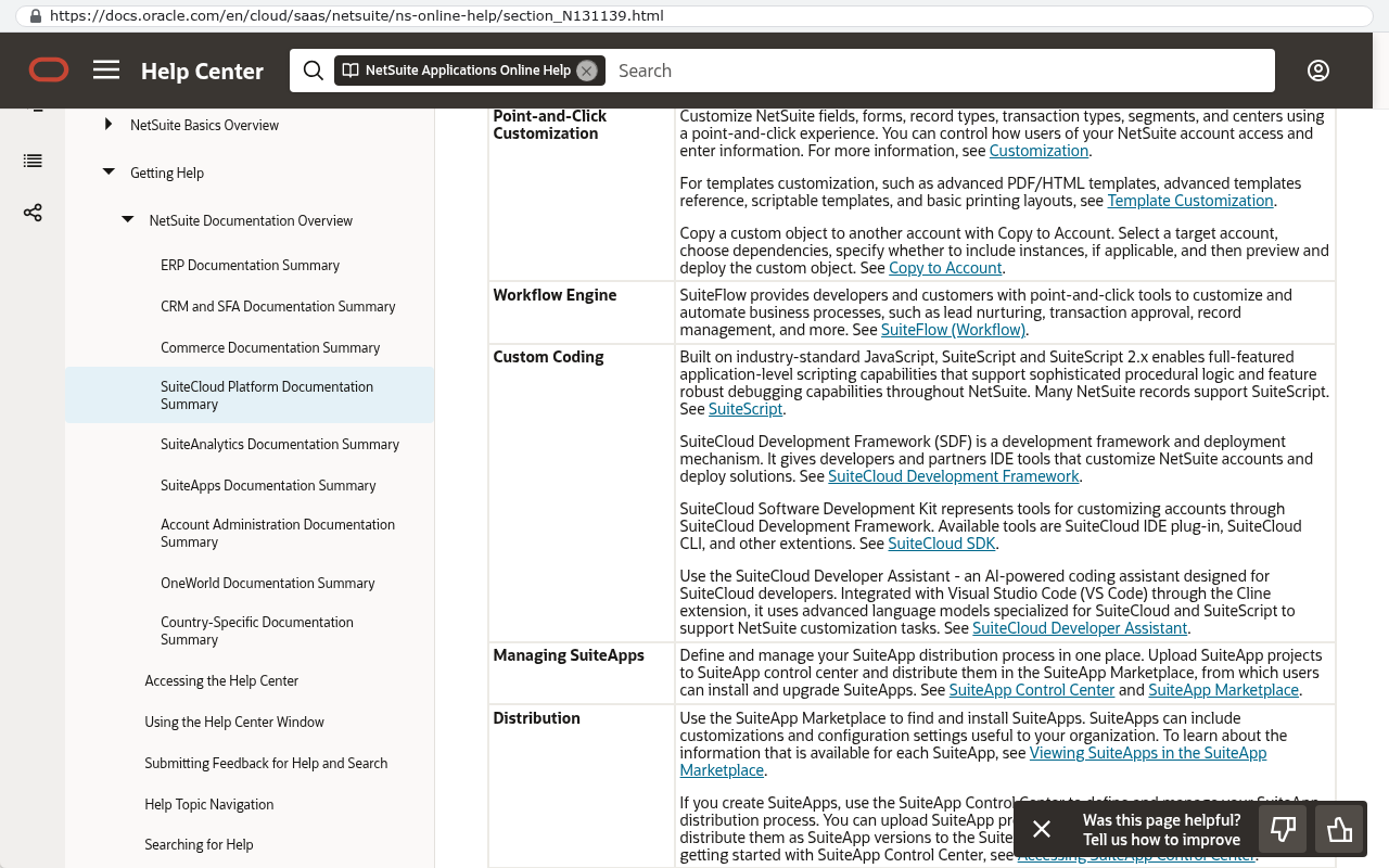 NetSuite Help Center documentation page displaying Custom Coding section that explains SuiteScript as JavaScript and SuiteScript 2.x scripting language for NetSuite with links to related resources.