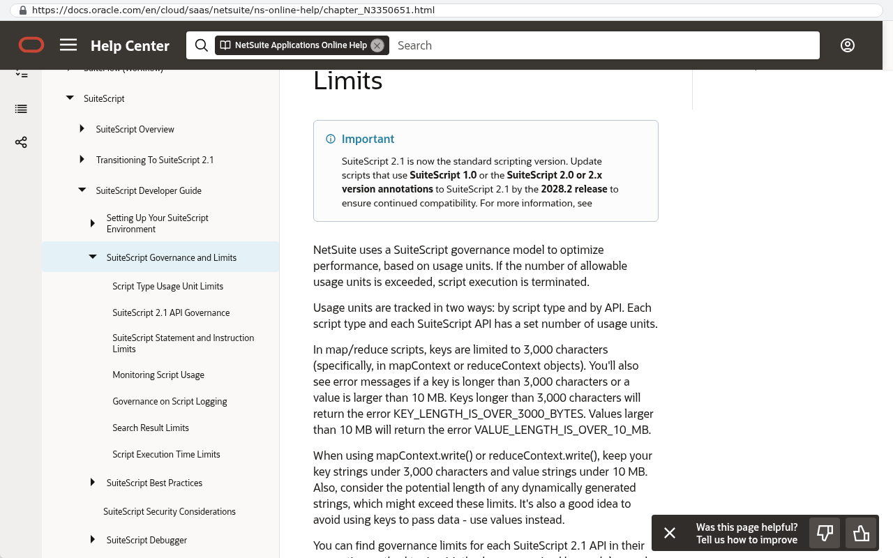 NetSuite Help Center page titled SuiteScript Governance and Limits displaying documentation about usage units tracked by script type and API with governance caps on script execution