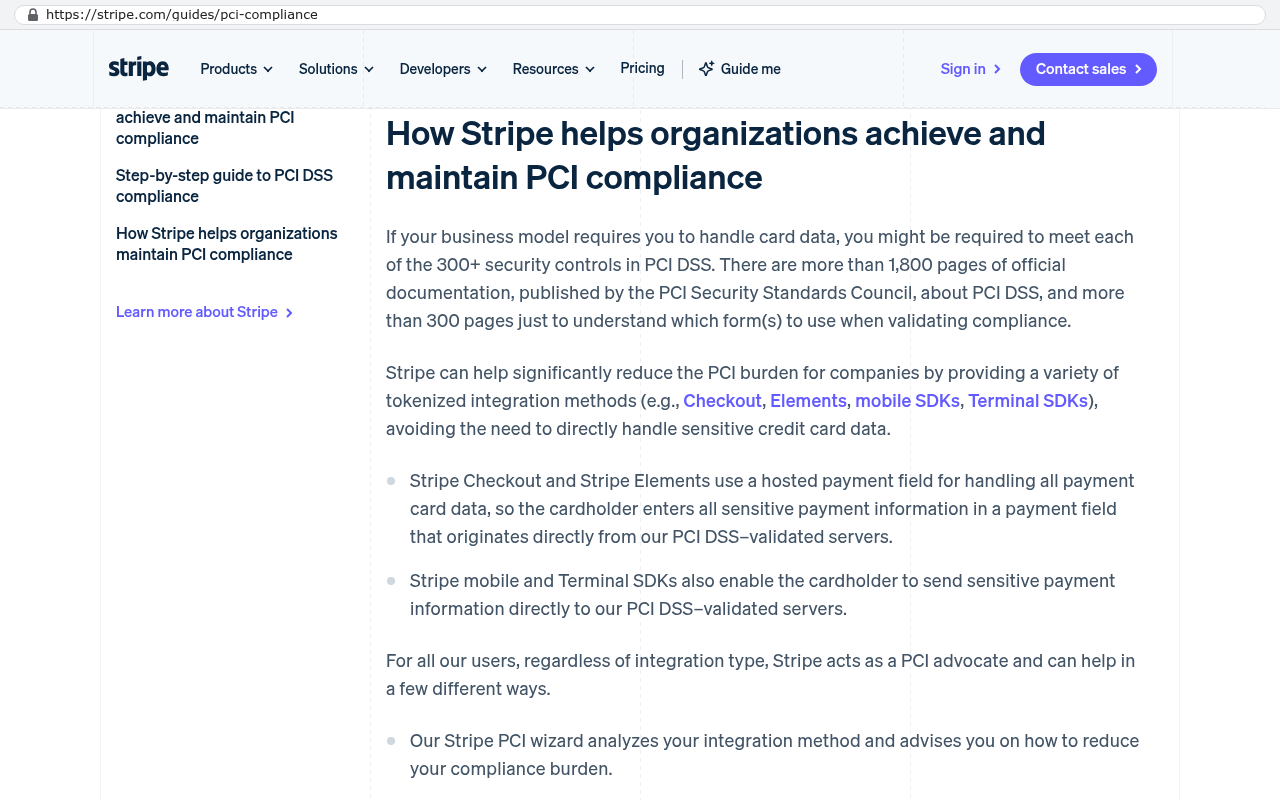 Stripe's PCI compliance guide page showing how Stripe handles card data through hosted payment fields and SDKs so merchants don't store sensitive information in their own databases